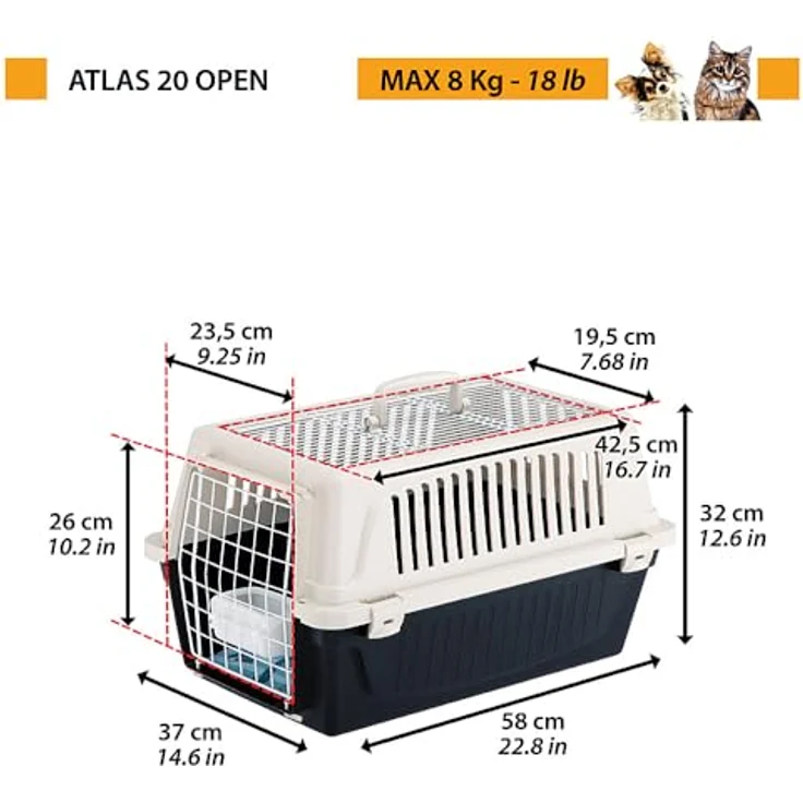 Ferplast Atlas 20 Open, Transportbox für Katzen und kleine Hunde bis 8 kg, mit Dachöffnung, Kissen und Napf, Lüftungsschlitze, 37x58xH 32cm – Bild 3