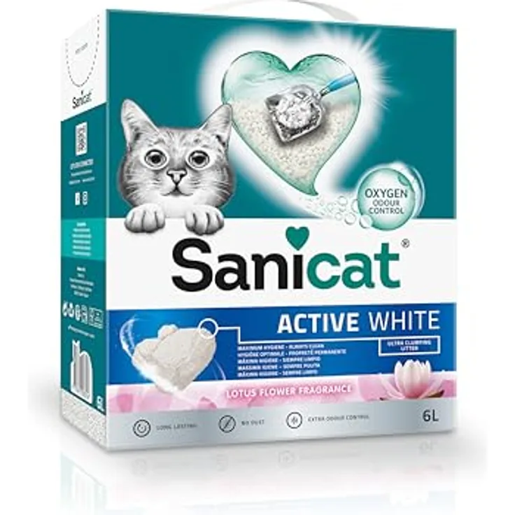 Sanicat Klumpstreu Active White, Katzenstreu mit Lotusblumenduft, 6l, hohe Absorption und garantierte Geruchsbindung