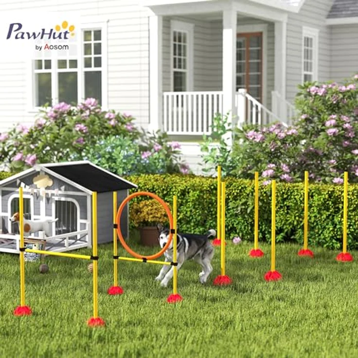 PawHut Agility Set, 3-teiliges höhenverstellbares Trainingsset mit Sprunghürde, Sprungring und Slalomstangen, Orange-Gelb, befüllbar für Koordinationstraining – Bild 2