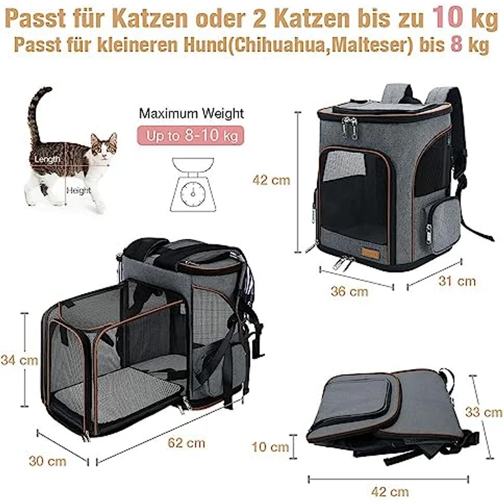 Lekesky XL Groß Katzenrucksack Hunderucksack für Haustiere bis 10 kg, erweiterbar und faltbar, grau, mit innerer Sicherheitsleine und 2 waschbaren Matten – Bild 2
