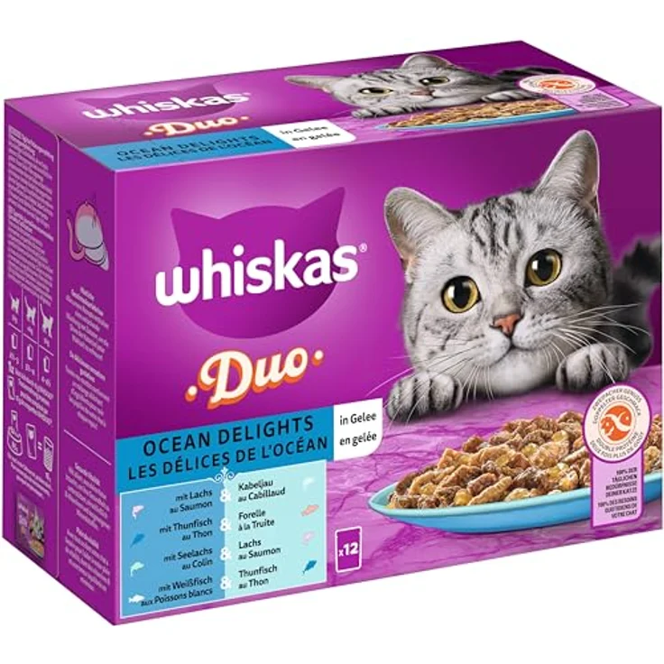 WHISKAS Duo Nassfutter Portionsbeutel Multipack, Ocean Delights in Gelee, 12 x 85g, mit vier Fischkombinationen und 100% täglichem Nährstoffbedarf – Bild 2