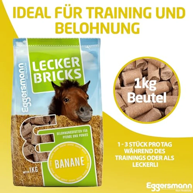 Eggersmann Mein Pferdefutter 1 kg Pferde-Leckerlis, Lecker Bricks mit natürlichem Banane-Geschmack, perfekt als Belohnung für Pferde & Ponys – Bild 5