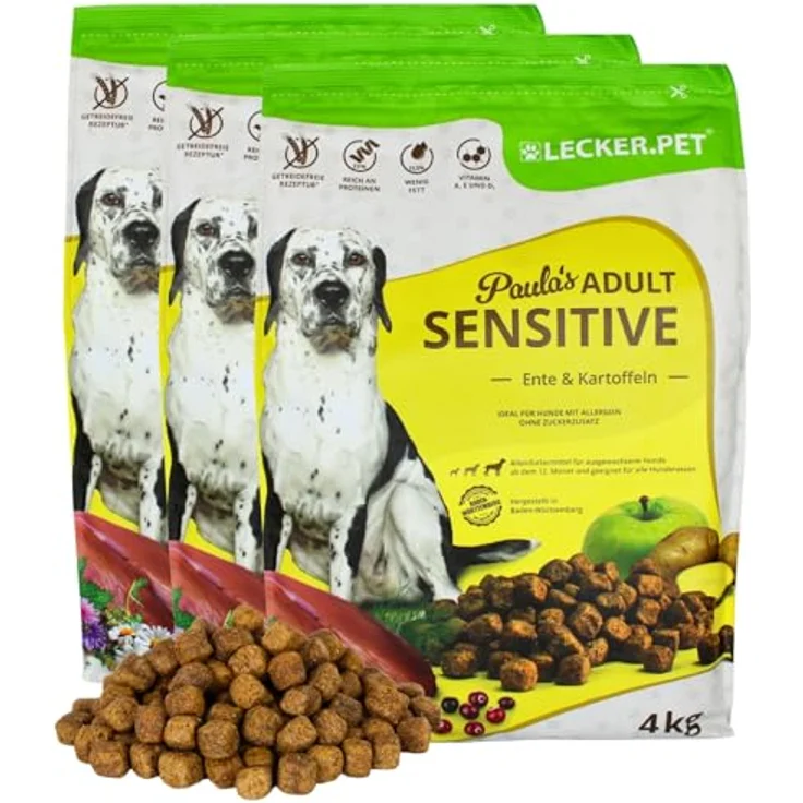 Lyra Pet Lecker.Pet® Paula's Adult Sensitive, 12 kg Hunde Trockenfutter mit Ente & Kartoffel, getreidefrei, vollwertige Ernährung für ausgewachsene Hunde – Bild 1