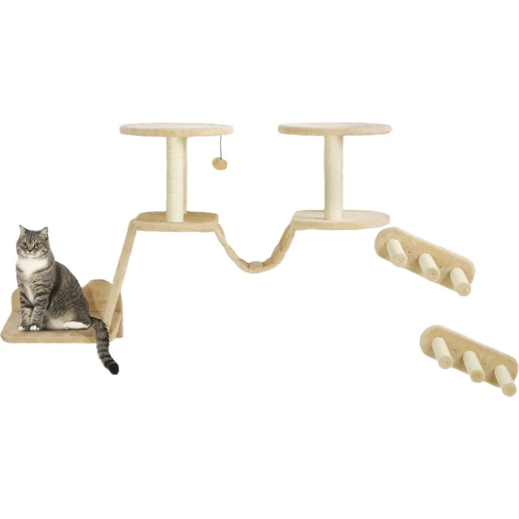 JTI Katzen Kletterwand Set, 3-teiliges Katzenmöbel mit Kratzbaum, Sitzstangen und Plüschplattform, Beige - für Katzen bis 5 kg, inklusive Kratzbrett und Leiter