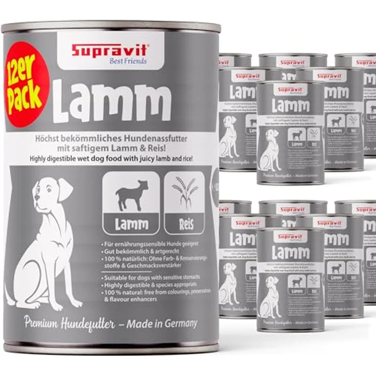 Supravit Nassfutter für Hunde, Lamm & Reis, 12 x 410g Dosen, getreidefrei, besonders gut verdaulich und verträglich – Bild 1