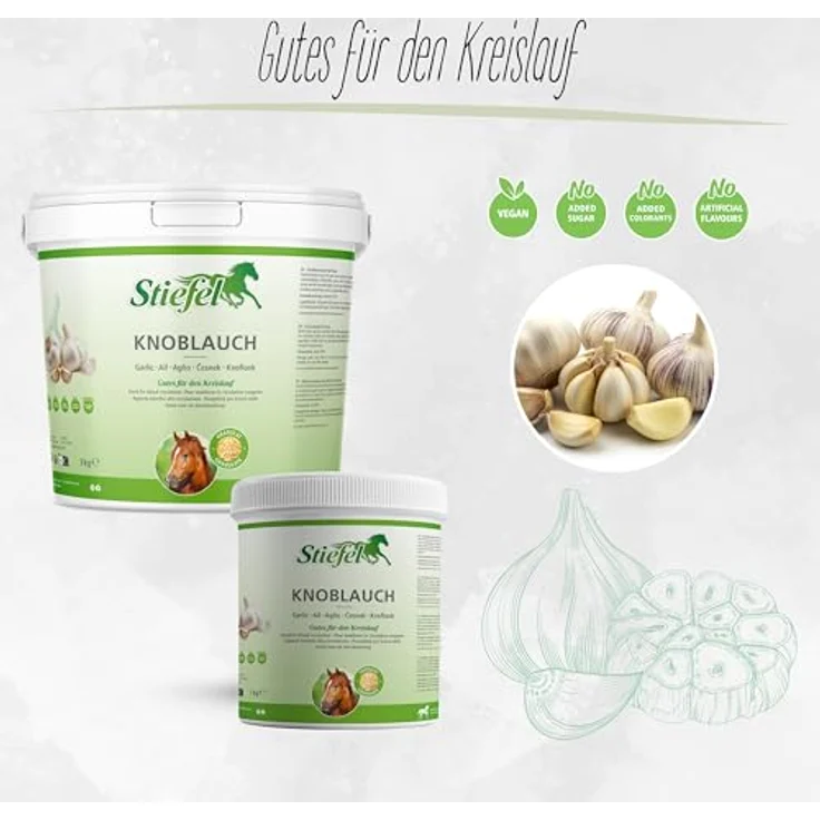 Stiefel Knoblauch Granulat für Pferde, 100% rein, zur Kreislaufsstärkung, Blutzuckerregulation, Darmflora- und Bronchialsystemunterstützung, natürlicher Fliegen- & Insektenschutz, 1kg – Bild 2