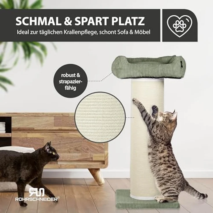 Rohrschneider Kratzbaum Frieda XXL, extra stabile Säule, tauschbare Kratzmatten, waschbarer Cordbezug in Salbei für kleine bis große Katzen – Bild 5