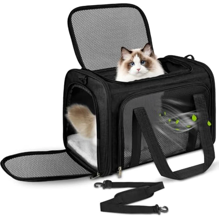 Lohofrnny Transporttasche Katze, Faltbare Tragetasche für Haustiere bis 5kg, Wasserabweisendes Polyester, schwarz, 43x28x28cm – Bild 1