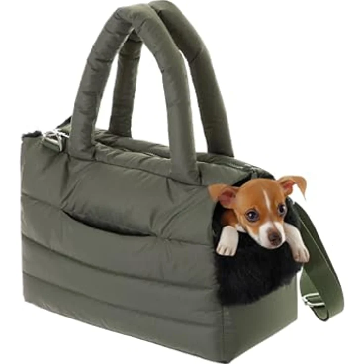 DOGGY Fluffy Ride Transporttasche für Hunde und Katzen, multifunktionale Schultertasche bis 8 kg, olivgrün mit Gummiband und Karabiner – Bild 2