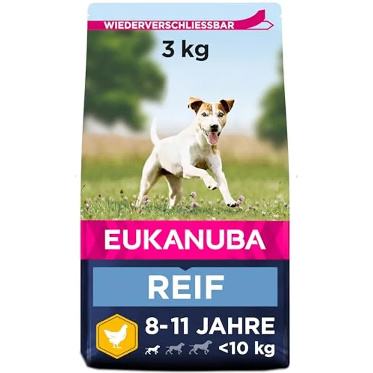 Eukanuba Hundefutter mit frischem Huhn für kleine Rassen, Premium Trockenfutter für reife Hunde, 3 kg, ideal für gesunde Gelenke und kräftige Muskulatur