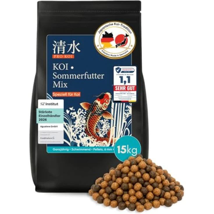 AGUALEVE PRO KOI Sommerfutter Mix 40 L (ca. 15 kg) – Ganzjahresmix, schwimmende 6 mm Pellets, für Koi, für Farbe & Kondition, Weizenkeim, Spirulina, Omega-3, Vitamin E, Made in Germany – Bild 1