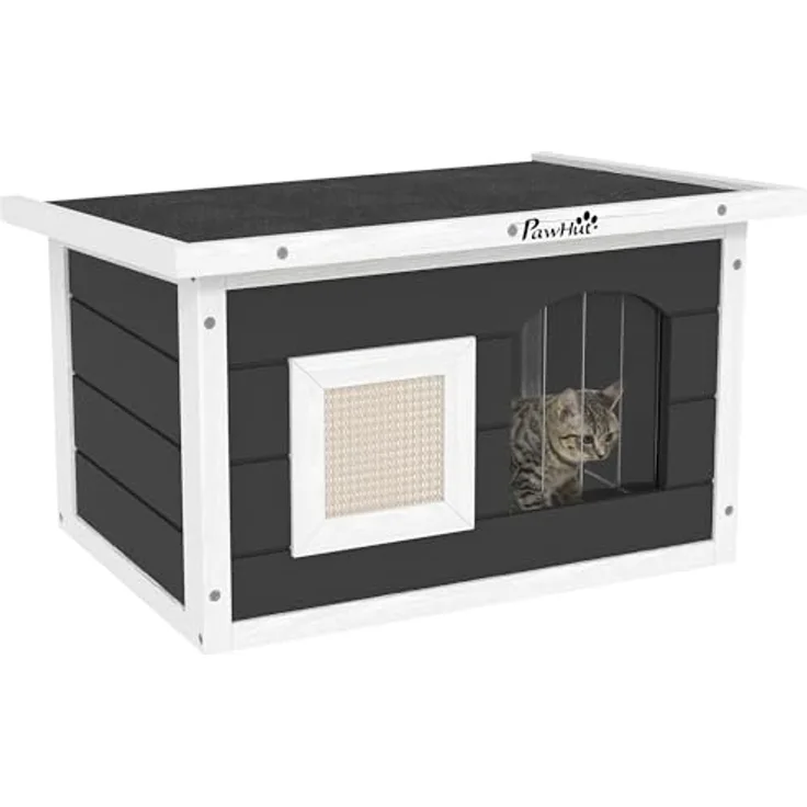 PawHut Katzenhaus aus Holz, wasserdicht mit klappbarem Asphaltdach, herausnehmbarer Kratzmatte und Boden, für Außenbereich geeignet, 61x45x36,5 cm, grau