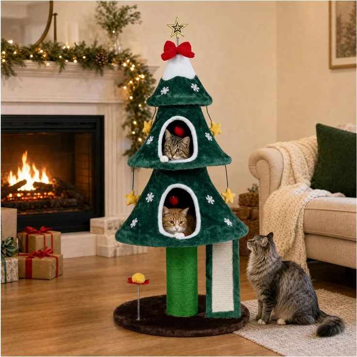 COSTWAY Kratzbaum Weihnachtsbaum-Design, 3 Ebenen mit 2 Höhlen & Kratzbrett, Grün