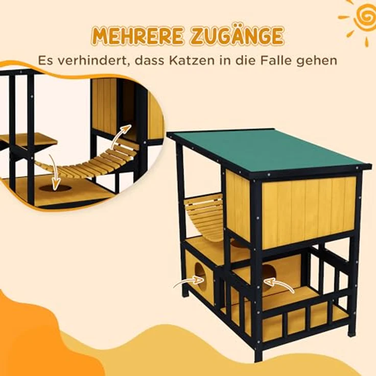 PawHut Katzenhaus aus Holz, Katzenvilla für draußen mit Hängebrücke, Balkon und wasserabweisendem Dach, für 1-2 Katzen bis 5 kg, Gelb – Bild 5