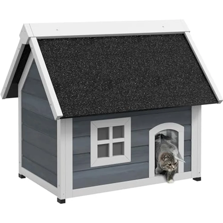 PawHut Katzenhaus aus Holz, wetterfestes Katzenhaus mit aufklappbarem Asphaltdach, 3 Türen und Fenster, für Katzen bis 5 kg, 77 x 57,5 x 68 cm, grau – Bild 1
