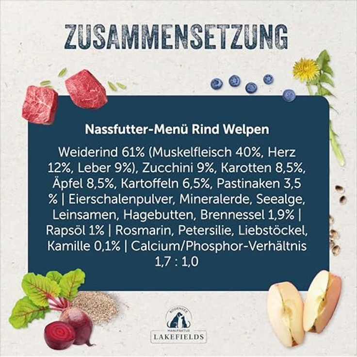 Lakefields Premium Welpenfutter Nass, Rind 61%, 6 x 400g, getreidefreies Hundefutter mit natürlichen Lebensmitteln, Äpfel, Zucchini & Karotten, schonend gegart – Bild 4