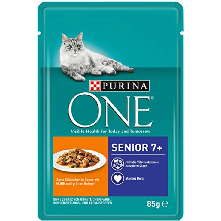 PURINA ONE Katzennassfutter für Seniorkatzen mit Huhn und grünen Bohnen, 24er Pack (24 x 85 g Beutel), reich an Vitaminen und Mineralstoffen – Bild 1