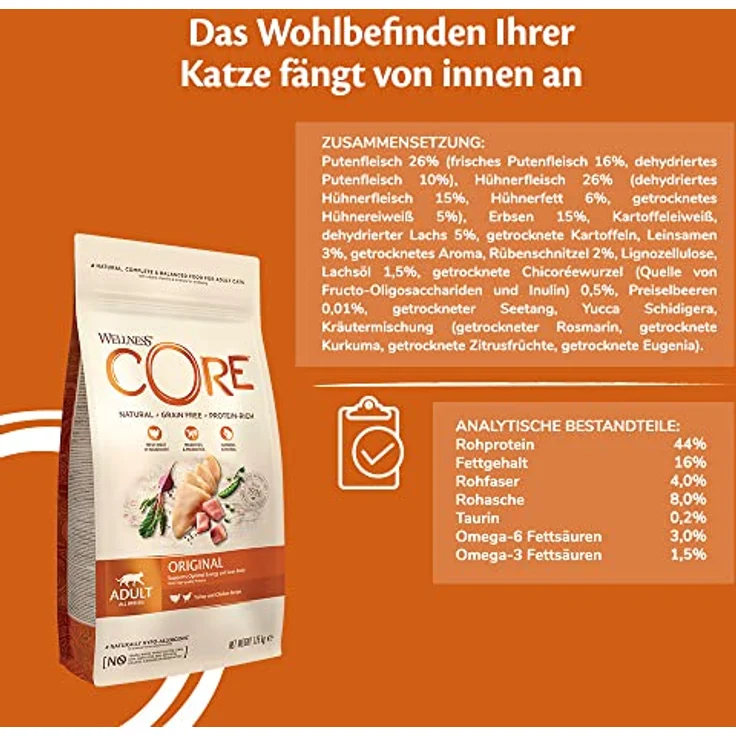 Wellness CORE Original, Pute & Huhn, 4 kg, getreidefreies trockenes Premium Katzenfutter, weich für eine proteinreiche Ernährung, ohne Zuckerzusatz, zur Haarballenprävention – Bild 3