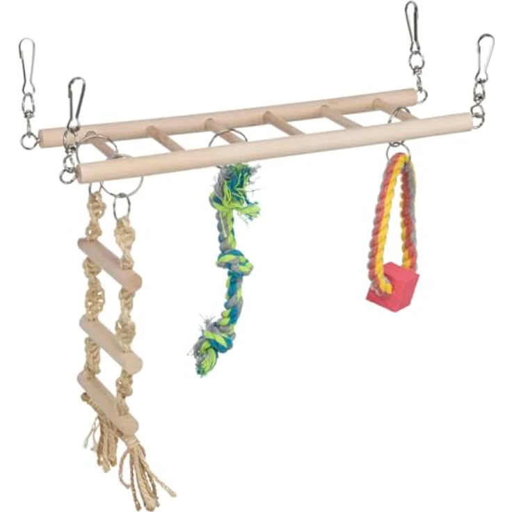TRIXIE Hängebrücke für Kleinnager, Beschäftigungsspielzeug mit Holzleiter und Kletterelementen, bunt – Bild 2
