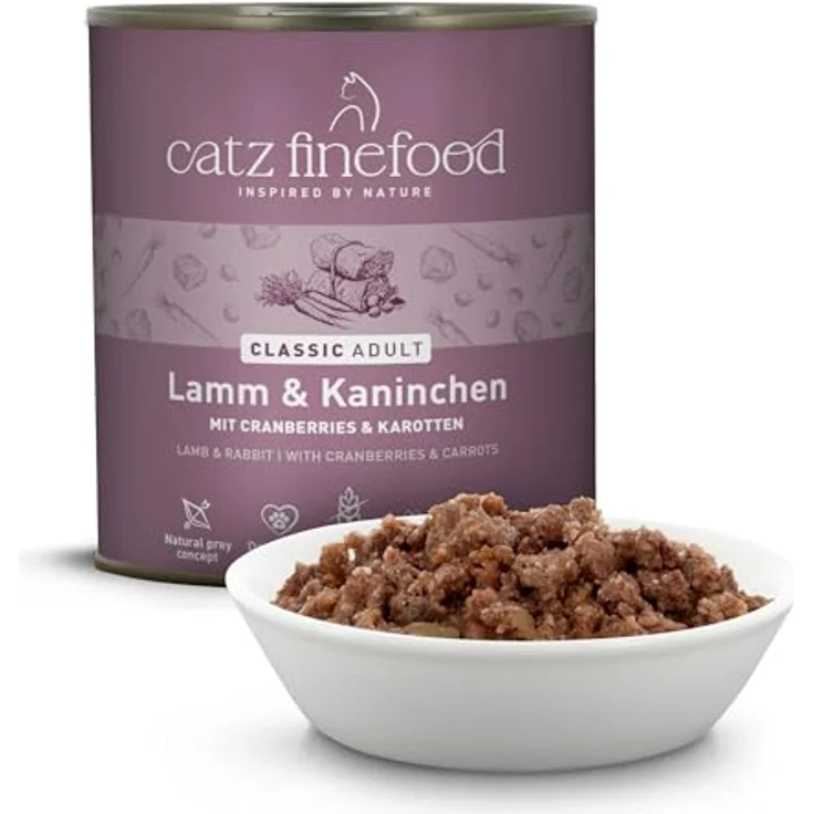 catz finefood N° 11 Lamm & Kaninchen Feinkost Katzenfutter, nass, 49% Lamm, 21% Kaninchen, verfeinert mit Cranberries & Karotte, 6 x 800g Dosen – Bild 2