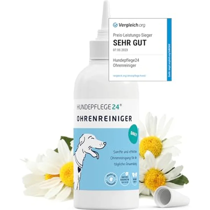 Hundepflege24 Ohrenreiniger für Hunde & Katzen, natürliche Ohrentropfen mit Kamille & Aloe Vera, beruhigt Juckreiz & Kopfschütteln, 250ml