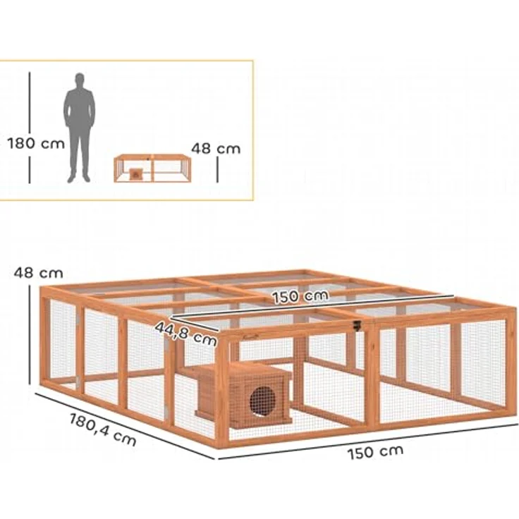 PawHut Kleintierstall Kaninchenstall für 2-4 Zwergkaninchen, Holz mit 2 Türen, Unterschlupfhaus, 180,4x150x48 cm, Orange – Bild 7
