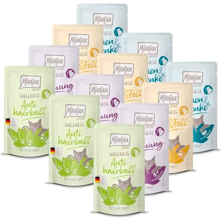 MjAMjAM Premium Nassfutter für Katzen – Wellness Wohlfühlpaket Huhn, getreidefrei, 12er Pack (12 x 125g) mit hohem Fleischanteil