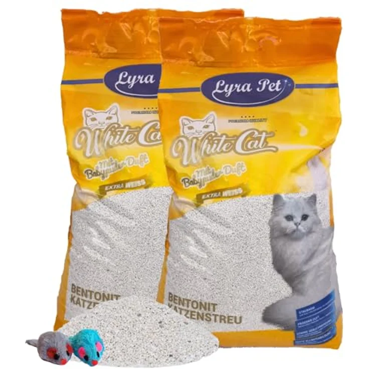 Lyra Pet® White Cat Katzenstreu, 30 Liter mit Babypuder Duft, feines Klumpstreu, 350% Saugkraft, naturbelassen aus Bentonit, staubarm, inklusive 2 Spielmäusen – Bild 1