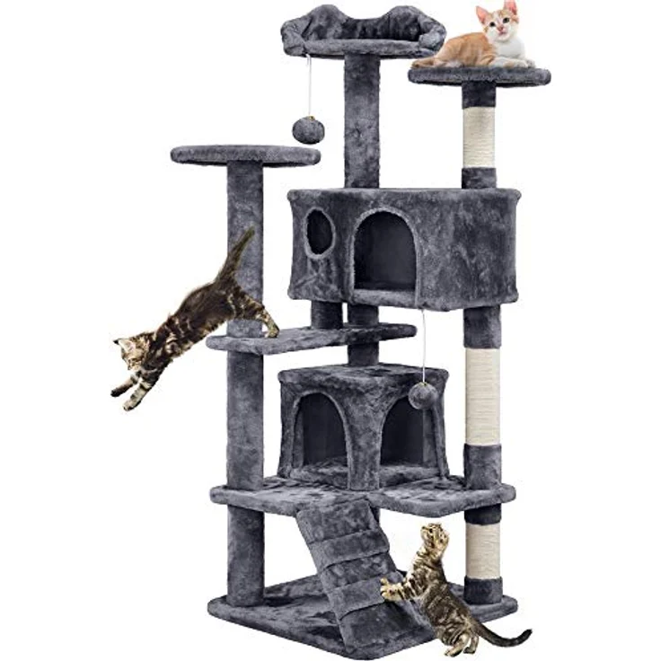 Yaheetech Kratzbaum Stabiler Katzenbaum Katzenkratzbaum Katzenmöbel, Kletterbaum für Katzen Höhe 137 cm, Dunkelgrau – Bild 2
