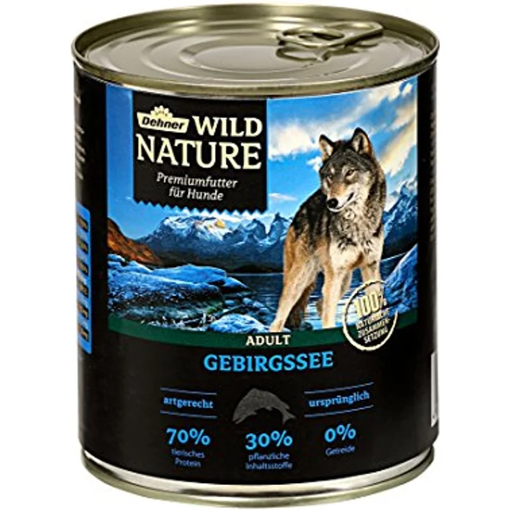 Dehner Wild Nature Hundefutter Gebirgssee, Nassfutter getreidefrei/ zuckerfrei, für ausgewachsene Hunde, Lachs/Huhn, 6 x 800 g Dose (4.8 kg) – Bild 4