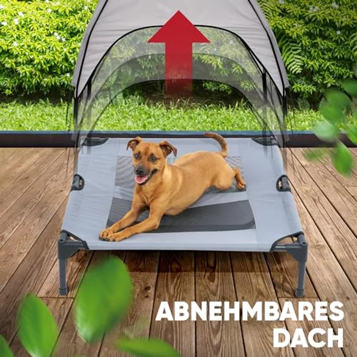 Deuline Hundeliege mit Dach, erhöhtes Hundebett für Garten und Outdoor, L-91x76x18/90cm, grau, atmungsaktiv und tragbar – Bild 4