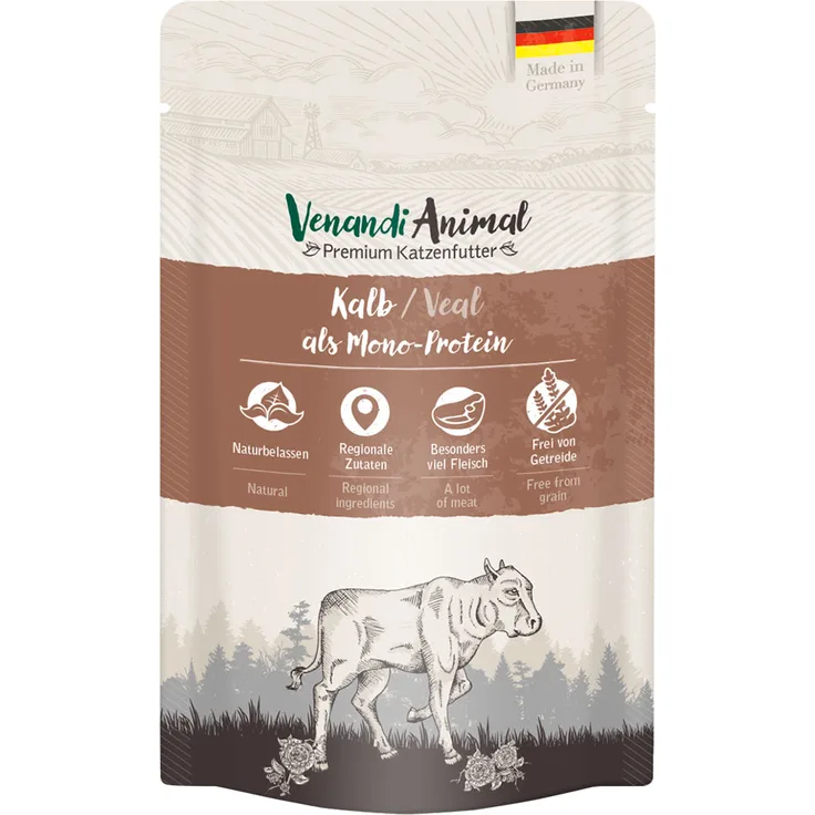 Venandi Animal Monoprotein Nassfutter 12 x 125 g für Katzen, Kalb, getreidefrei, hohe Verträglichkeit, ohne Zuckerzusatz, aus Deutschland