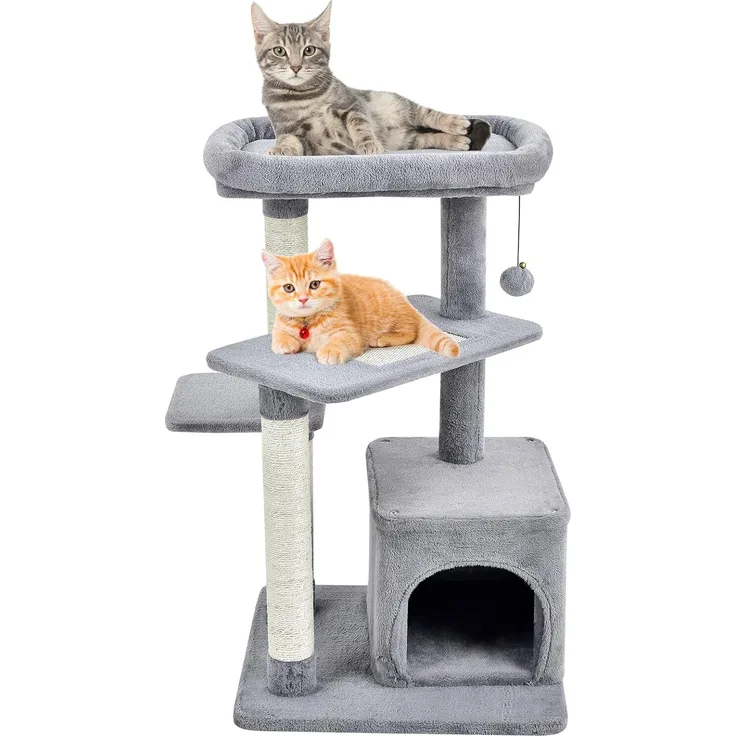 GOPLUS Mehrstöckiger Katzenbaum mit Katzenhöhle, 4-stufigem Aktivitätszentrum, Sisalkratzpfosten und weicher Sitzfläche, Grau/Beige