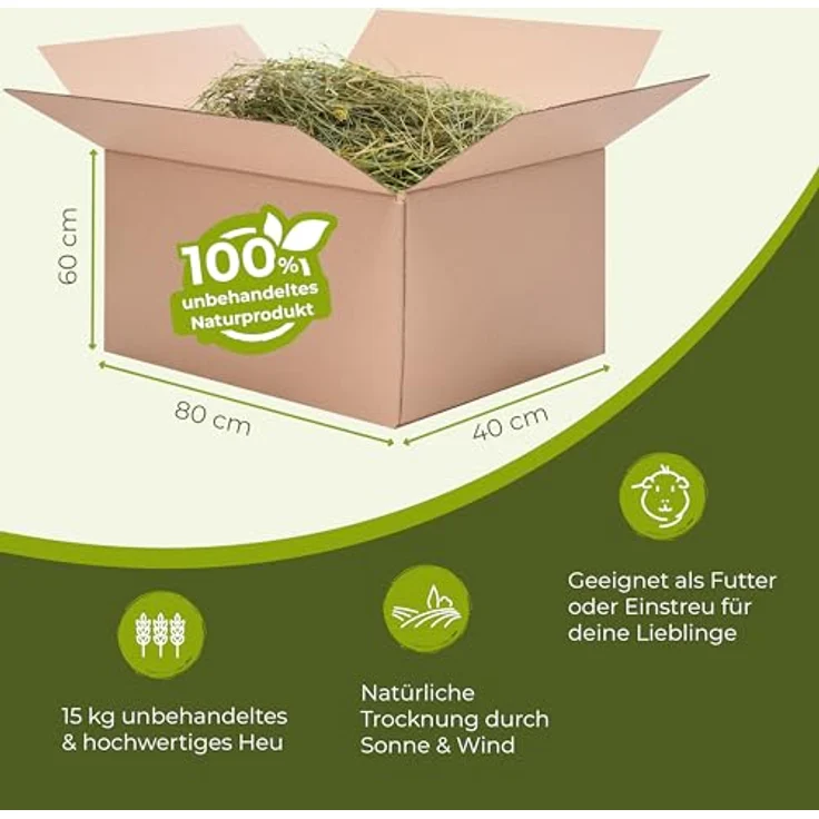 Bolson Wiesenheu, frisches & unbehandeltes 1. Schnitt Heu, 15 kg mit Gräsern & Blüten aus Bayern, ideal für Fütterung & Einstreu von Kaninchen und Hamstern – Bild 2