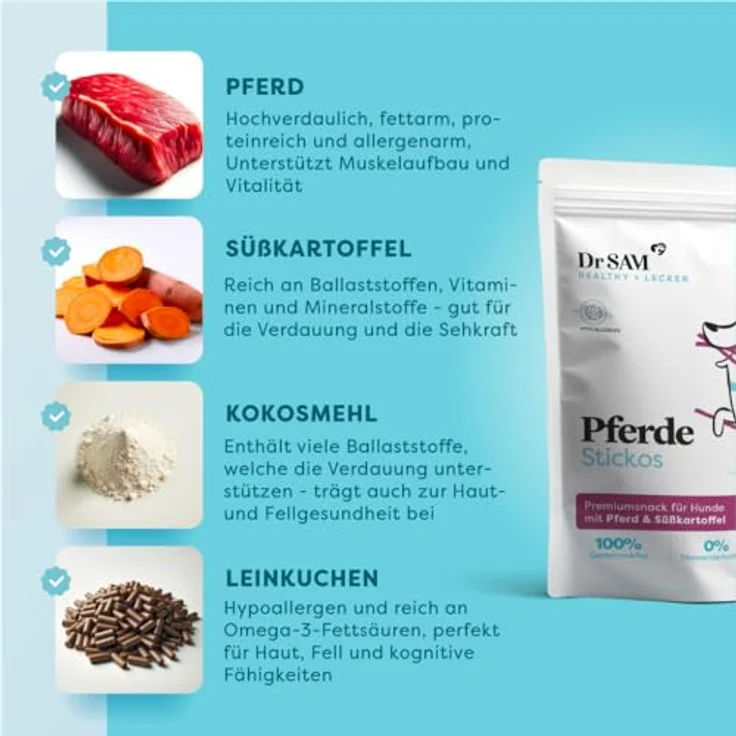 Dr. SAM Premium Snacks für Hunde - Pferde Stickos, hypoallergenes Pferdefleisch mit Süßkartoffel und Leinsamen, glutenfrei, 100g – Bild 3