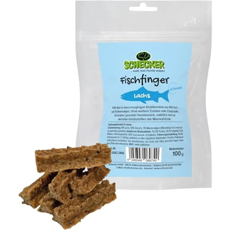 Schecker Fischfinger Lachs, Hundesnack aus 99% Fisch und 1% Meeresalgen, 100g – Bild 1