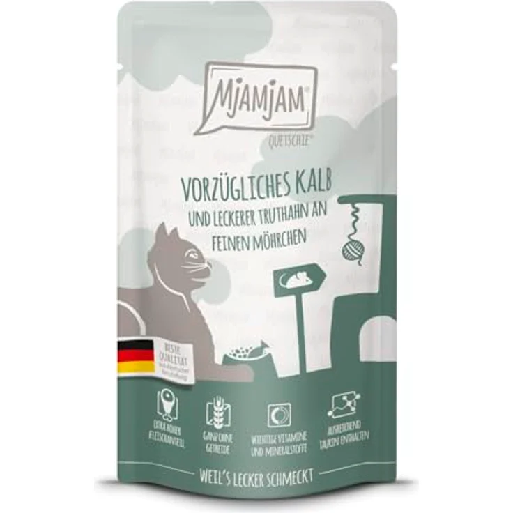 MjAMjAM Premium Nassfutter für Katzen Quetschie, getreidefrei mit Kalb & Truthahn und Möhrchen, 1 x 125 g, hoher Fleischanteil – Bild 1