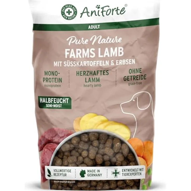 AniForte PureNature FarmsLamb, halbfeuchtes Trockenfutter mit herzhaftem Lamm und Süßkartoffeln, 12,5 kg für ausgewachsene und sensible Hunde