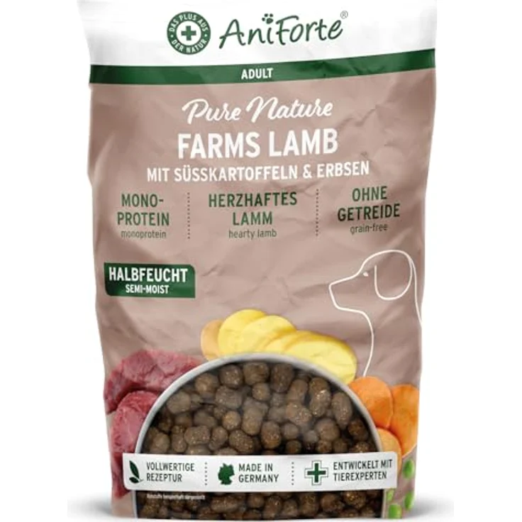 AniForte PureNature FarmsLamb, halbfeuchtes Trockenfutter mit herzhaftem Lamm und Süßkartoffeln, 12,5 kg für ausgewachsene und sensible Hunde – Bild 1