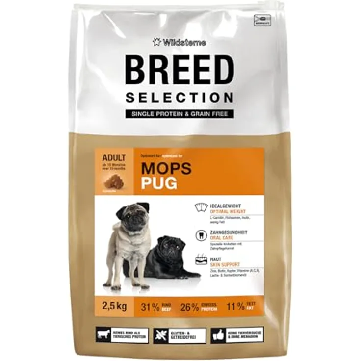 Wildsterne Breed Selection Mops, 2,5 kg, artgerechtes Trockenfutter mit Rind, getreidefrei und hypoallergen