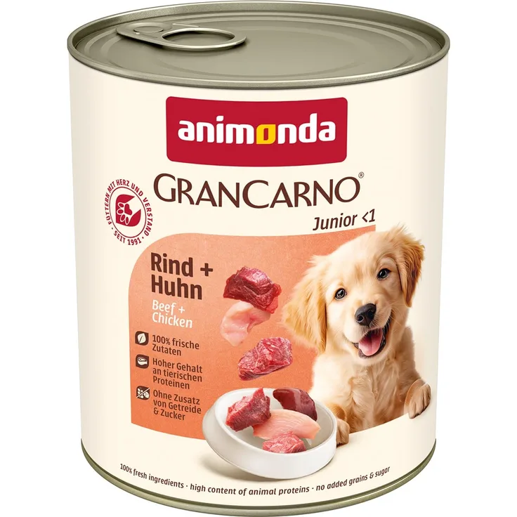 animonda GranCarno Junior Rind und Huhn, Hunde-Nassfutter, 6x800g, hochwertige Ernährung für Junghunde