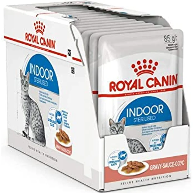 Royal Canin Indoor Sterilised in Soße, Alleinfuttermittel für ausgewachsene Katzen, 12 x 85 g, unterstützt Harnwegsfunktion und gesunde Ernährung – Bild 1