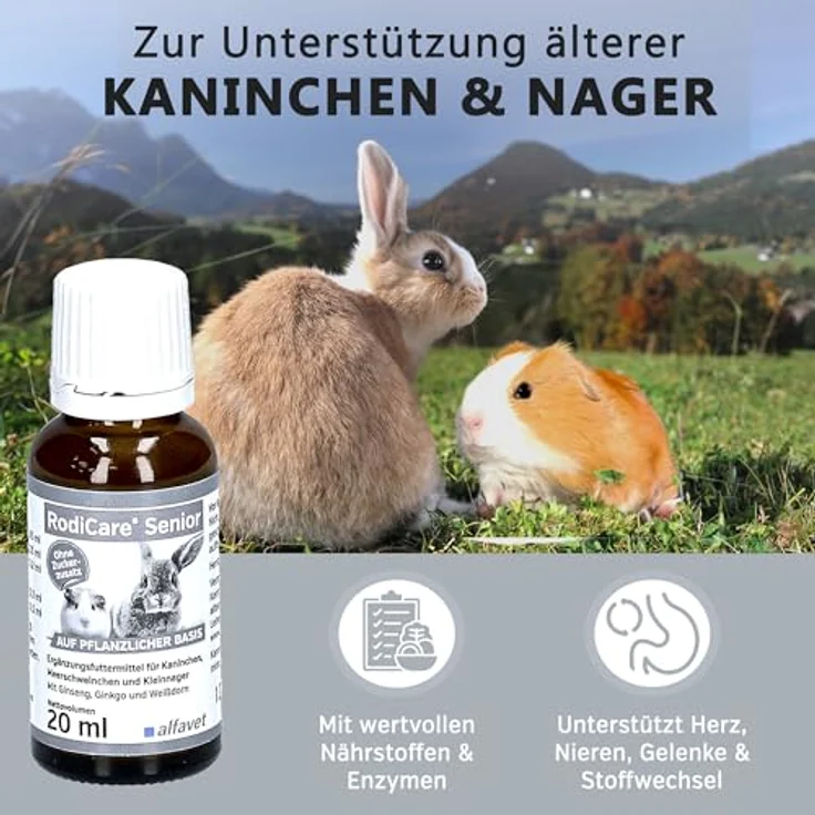Alfavet Rodicare Senior, Ergänzungsfuttermittel für ältere Kaninchen, Meerschweinchen und Kleinnager, mit Ginseng, Ginkgo, Weißdorn, Zuckerfrei, Tonikum mit Dosierspritze, 20 ml – Bild 2