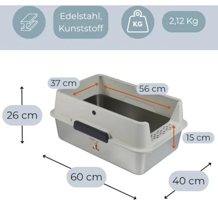 GarPet Katzentoilette 2er Set, XXL Edelstahl Katzenklo mit hohem Rand, silber, 60 x 40 x 26.5 cm – Bild 2