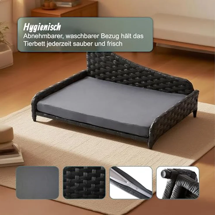 Relaxdays Hundebett Rattan L, erhöhtes Hundesofa mit abnehmbarem Kissen, wetterfest, grau, HBT: 25x63x46 cm – Bild 3