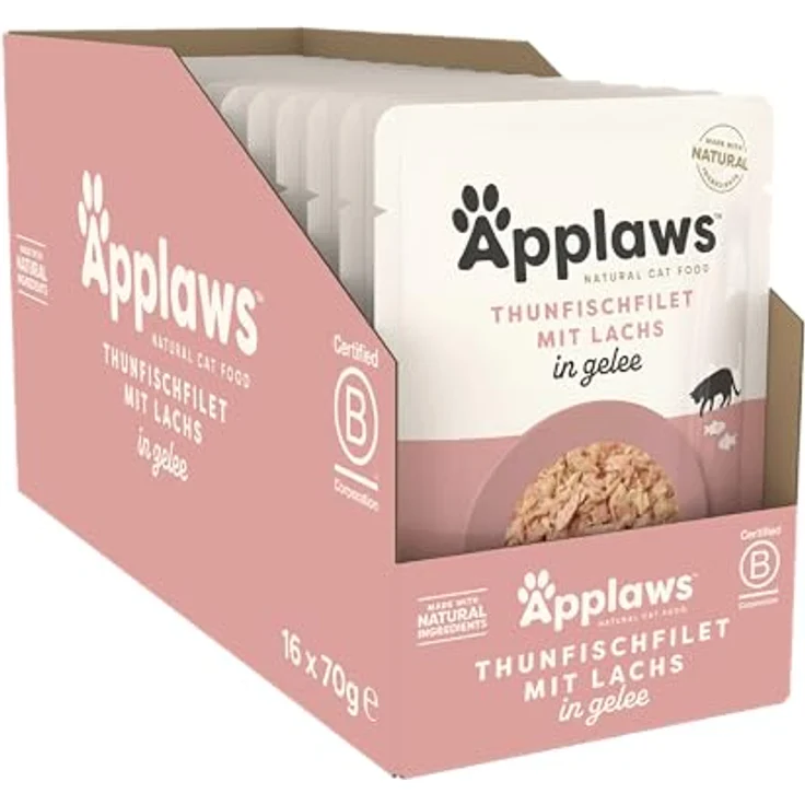 Applaws Premium Natural Wet Cat Food, Thunfischfilet mit Lachs in Gelee, 16 x 70g Portionsbeutel, natürliche Zutaten, ohne künstliche Zusatzstoffe – Bild 1