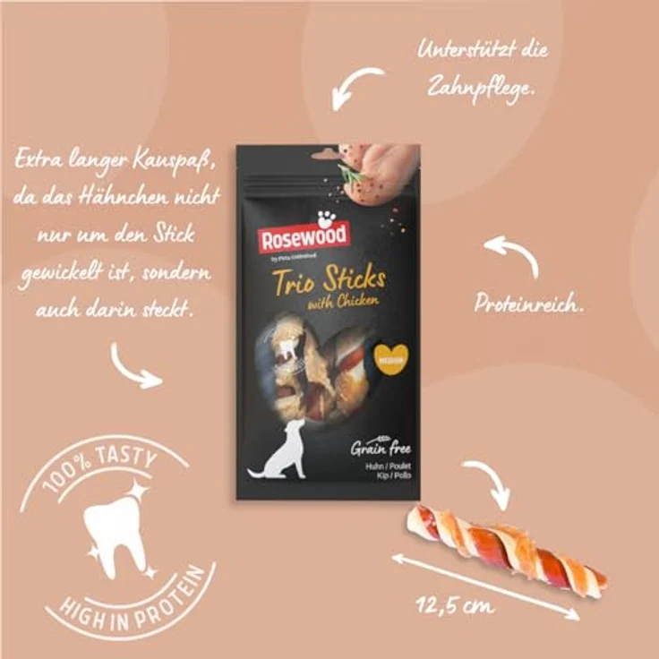Rosewood Trio Sticks Huhn Medium, Fester Kausnack aus Rinderhaut für Hunde mit Zahnpflege-Funktion, Getreide- und Glutenfrei, 6er Pack (6x90 g) – Bild 3