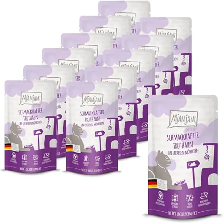 MjAMjAM Premium Nassfutter für Katzen - Quetschie mit Truthahn und Möhrchen, getreidefrei, 12er Pack (12 x 125 g), hoher Fleischanteil