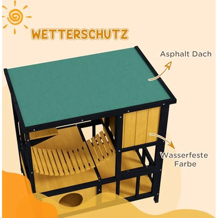 PawHut Katzenhaus aus Holz, Katzenvilla für draußen mit Hängebrücke, Balkon und wasserabweisendem Dach, für 1-2 Katzen bis 5 kg, Gelb – Bild 4