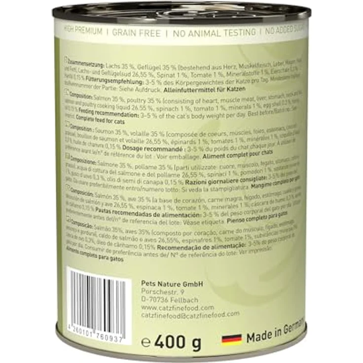 catz finefood N° 5 Lachs & Geflügel Feinkost Katzenfutter nass, 36% Lachs, verfeinert mit Spinat & Tomate, 6 x 400g Dosen – Bild 2